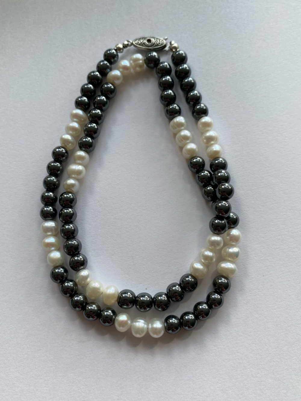 VTG 80s Natural Hematite & Freshwater Pearl Necklace | 20" | Silk Strung